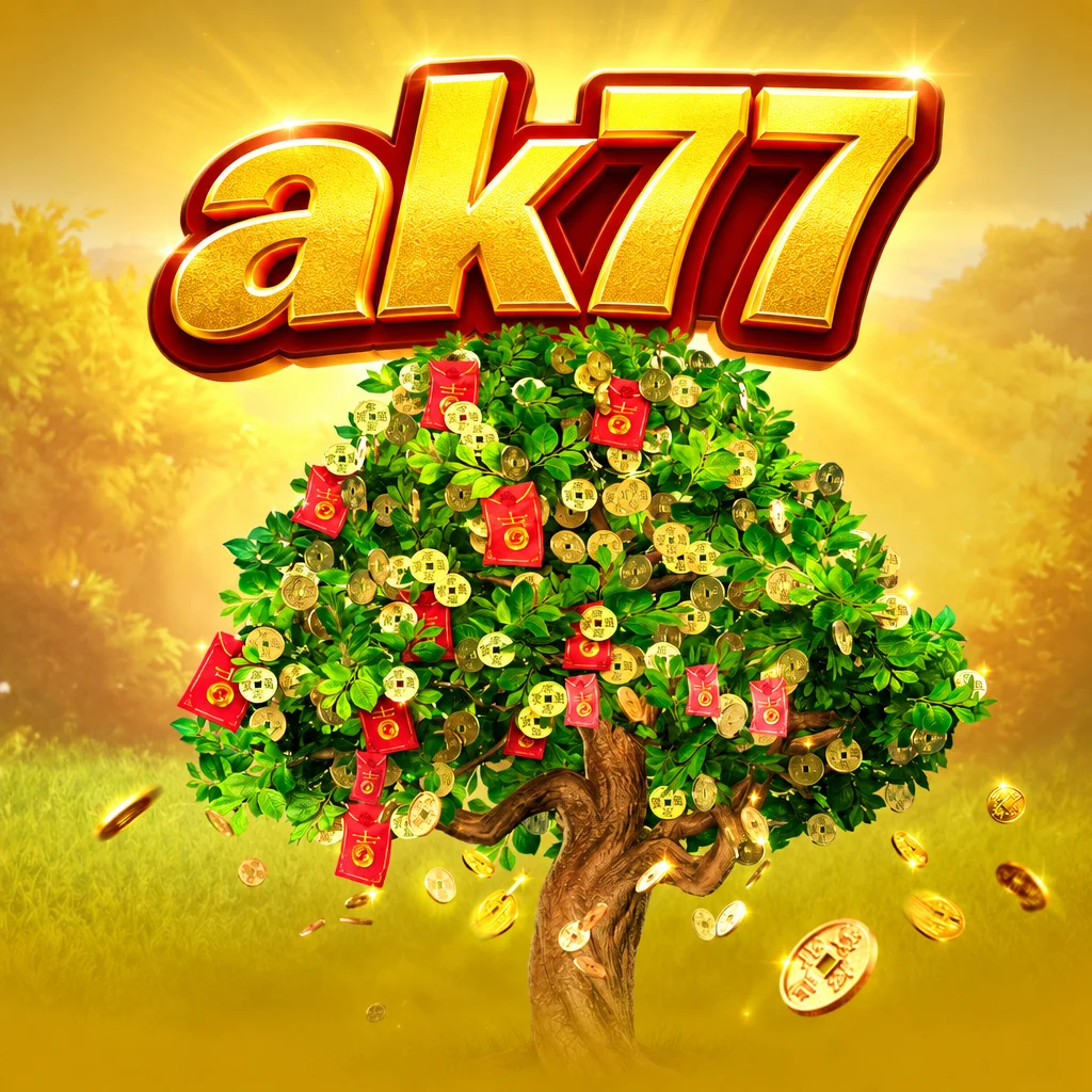 โลโก้ ak77 สีทองบนต้นไม้แห่งโชคลาภที่ประดับด้วยซองอั่งเปาและเหรียญทองในเกม Fortune Tree