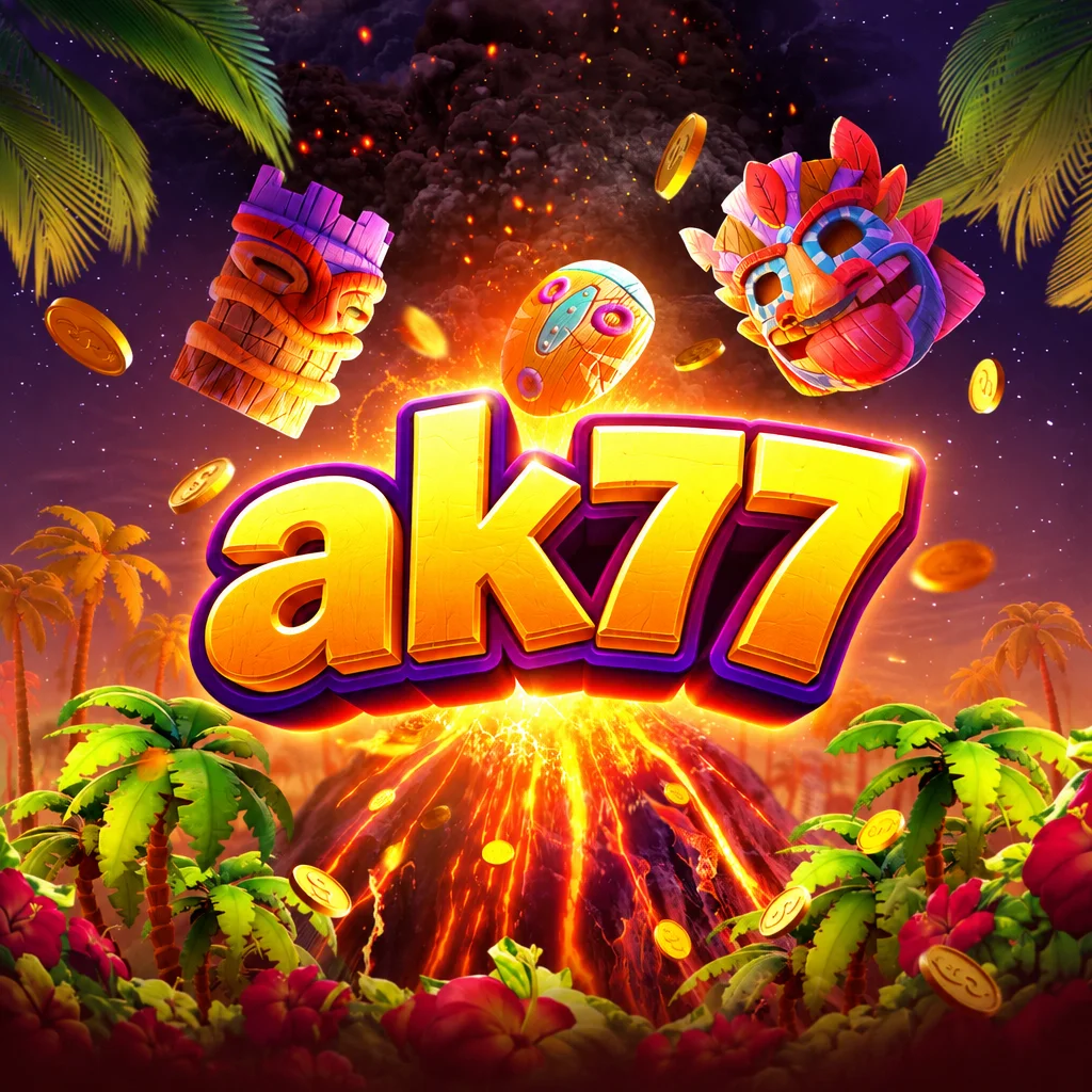 โลโก้ ak77 เหนือภูเขาไฟกำลังปะทุพร้อมหน้ากากฮาวายและเหรียญทองในเกม Hawaiian Tiki